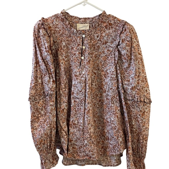 Universal Thread Floral Tan Pink Ruffle Long Sleeve Shirt Size XS Oversized - Picture 2 of 8